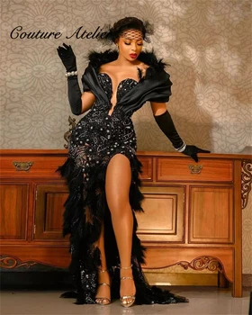  Juoda Prom Dresses 2023 Black Merginos Plunksnos Birthday Party Dress Mermiad Afrikos Vakare Gown Ritininės Oficialų Suknelė Elegantiškas apdaras