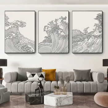  Šiaurės Juoda ir Balta Drobė, Tapyba Linijos Abstrakčiai Jūros Bangos Japonų Stiliaus Homestay Plakatai Sienos Nuotraukas Namų Dekoro