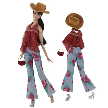  Kaubojaus stiliaus drabužių set / top + hat + džinsai ziajać + krepšys + batai / 30cm lėlės drabužiai tiktų aprangą 1/6 Xinyi FR ST Barbie Lėlės