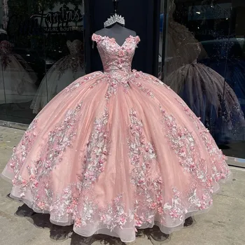  2022 Meksikos Rožinė Quinceanera Suknelės su 3D Gėlių Aplikacijos Vestidos XV Años Saldus 16 Lankas chalatas de soirée