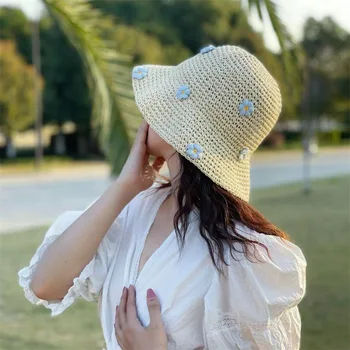  Vasarą Saulės Skrybėlę Wome Šiaudų Nėrimo Kibiro Kepurę Moterų Sulankstomas Panama Kepurė UV Saulės Bžūp Boho Gėlių Žvejybos Hat Atostogų Paplūdimio Skrybėlę