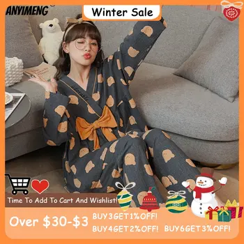  Mielas Lokys Pižama Rinkinys Moterims Janpanese Kimono Stiliaus Lady Pijama Elegantiškas V-kaklo Homesuits Jauna Moteris Pijama Kawaii Sleepwear