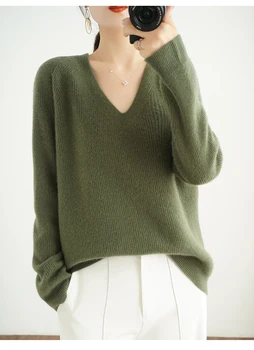  Aukštos kokybės Rudens žiemos kašmyro megztinis v-kaklo ponios prarasti didelio dydžio megztiniai viršų