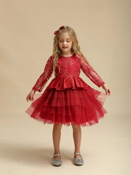  Raudona Kūdikių Kalėdų Suknelė Mergaitėms Gėlių Elegantiškas Princesė Gimtadienį Krikšto Kostiumas Bamblys Vaikai V-Atgal Nėrinių Vestuvės Suknelė