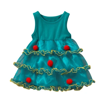  Naujagimio Merginos Kalėdų Suknelės 3-sluoksnis Pliušinis Kamuolius Apdailos Rankovių Įgulos Kaklo Tiulio-line Suknelė Princesė Atostogų