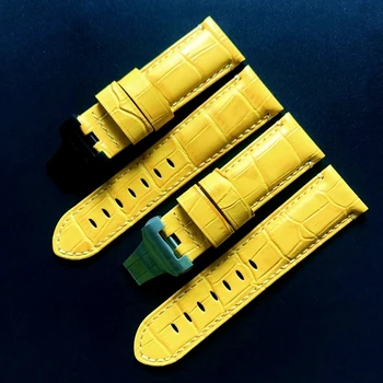  Kokybės 24mm Geltona Krokodilas modelio natūralios Odos Watchband Už Panerai PAM111 441 312 Žiūrėti Dirželis Drugelis Sagtis Apyrankė