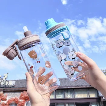  Vandens butelis mielas lokys modelis su skale studentų lauko sporto, kūrybos įdomus nešiojamų nepralaidžiose šiaudų skaidraus stiklo