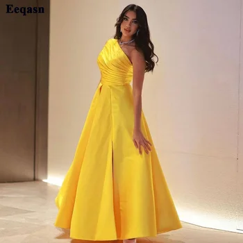  Eeqasn Geltoną Satino Ilgai Keltas Suknelės Klostes Vieną Petį Oficialų Vakare Chalatai 2022 Ritininės Saudo Arabijos Moterys Vestuvės Dress