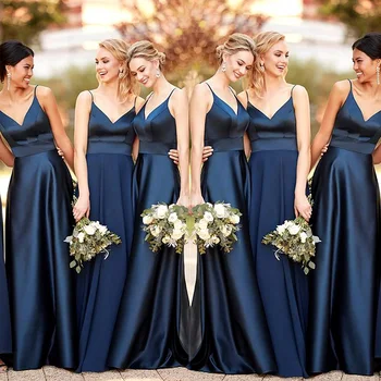  Tamsiai mėlyna Bridesmaid Dresses ilgai 2022-Line Satininiu Spagečiai dirželiai Vestuves Suknelė Bridesmaid grupė suknelė vestuvių