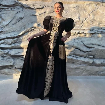  Laxsesu Juodas Veliūras Marokas Caftan Vakaro Suknelės Aukso Appliques Trumpas Rankovės Prom Dresses 2022 Dubajus Nuotakos Suknelė De Fiesta